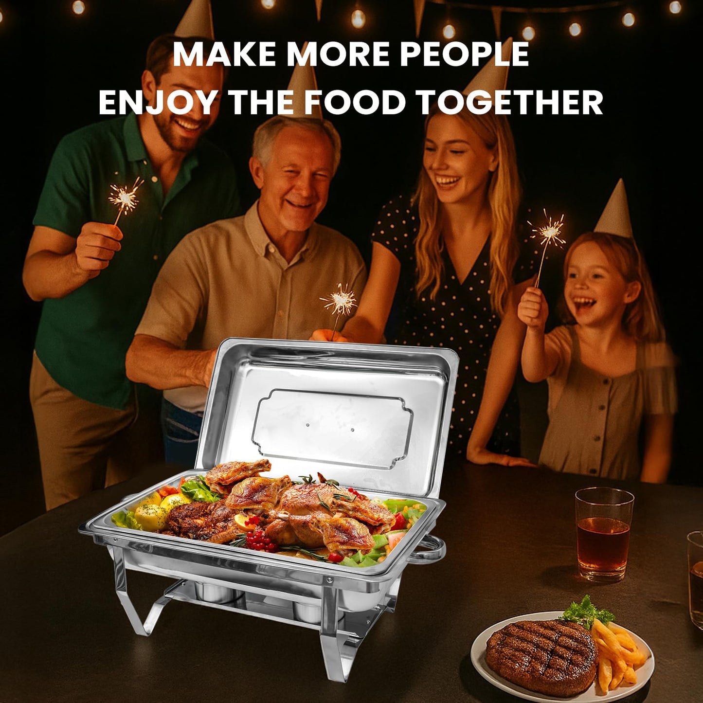 POWERFUEL Chafing Dishes for Buffet, 4 Pack 9QT Rectangular Stainless Steel Chafing Dishes Set with with 4 Serving Tongs, Serving Tray, Water Pan, Stand, Fuel Holder for Party, Gathering, Wedding