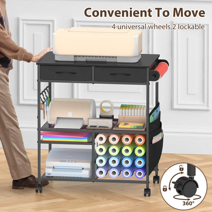 VEOSIR Craft Cart with Vinyl Roll Holder, Organizer & Storage Table for Cricut Machine with Drawer,Mobile Craft Organization and Storage Cart,Crafting Table Accessories Holder for Craft Room Black
