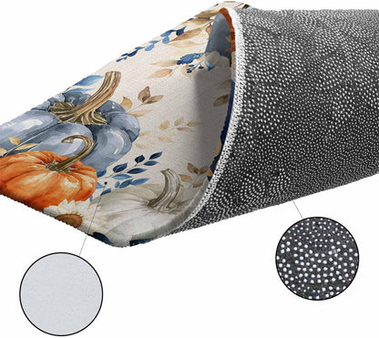 Blue Pumpkins Fall Kitchen Rugs and Mats Set, Thanksgiving Non-Slip Bathroom Rug with Eucalyptus Leaves Botanical