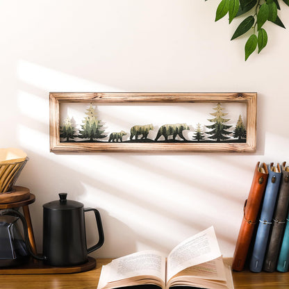 Wesiti Woodland Bear Wall Art 16 Inch Wood Frame Metal Rustic Forest Animal Wall Decor Farmhouse Lodge Cabin Picture Art Decor for Home Bedroom Living Room