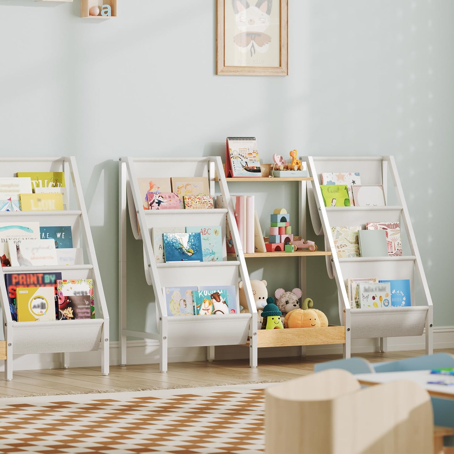 MAHANCRIS Kids Bookshelf and Toy Organizer, 3-Tier Bookshelf for Kids, Sturdy Kid Bookcase with Storage, Toddler Book Shelf for Kids Room, Playroom, Bedroom, Nursery, Natural BKBN34201