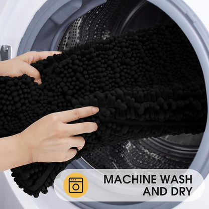 Upgrade Luxury Black Bathroom Rug Mat, 17"x47.5", Ultra Soft Thick Absorbent Non-Slip Chenille