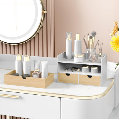 Desk Organizer with Drawers - Bamboo Desktop Organizer Storage | White-Natural Wood Desk Drawers Organizer for Bills, Office Supplies, Cosmetics, Seals No Assembly Required