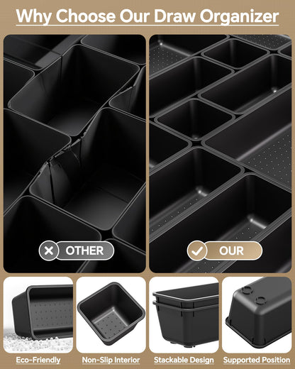 KEMETHY 25 PCS Plastic Drawer Organizers Set, 4 Sizes Vanity Organizer, Makeup and Desk Drawer Organizer Trays, Organization and Storage for Makeup, Bathroom, Kitchen Utensils and Office (Black)