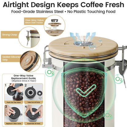 Veken Coffee Sugar Canister with Window, Mothers Day Gifts For Women,Airtight Stainless Steel Kitchen Food Storage Container, Date Tracker & Scoop for Grounds Coffee, Beans,Tea,Flour,Cereal,22OZ,Cream