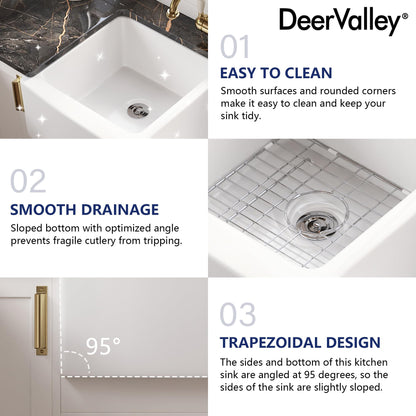 DeerValley Double Bowl White Kichen Sink 33 inch, Ceramic Apron Front Farmhouse Sink, Deep Drop-in Fireclay Undermount Large Sinks with Grid & Strainer