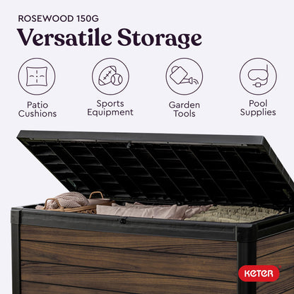 Keter Signature Collection 150 Gallon Resin Deck Box Organization and Storage for Patio Outdoor Cushions, Throw Pillows, Garden Tools and Pool Supplies, Rosewood