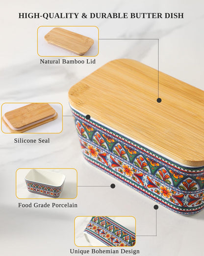 JINGUS Butter Dish - Large Ceramic Bohemian Butter Dish with Lid for Countertop, Airtight Butter Container Holder Keeper Box Storage with Bamboo Cover and Silicone Ring for East West Coast