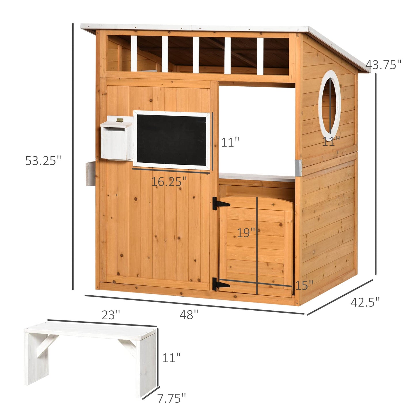 Outsunny Wooden Playhouse for Kids Outdoor with Working Door, Windows, Mailbox, Bench, Flowers Pot Holder, 48" x 42.5" x 53", Yellow