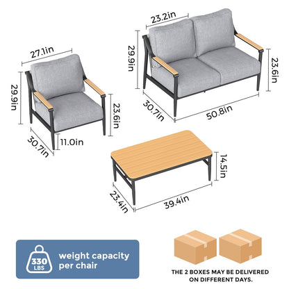 Jocoevol 4 Pieces Outdoor Sofa Conversation Set, 4 Seats Couch Set with Table, Metal Frame Rope Weaving Design UV Resistance Waterproof for Patio Garden Balcony, Grey