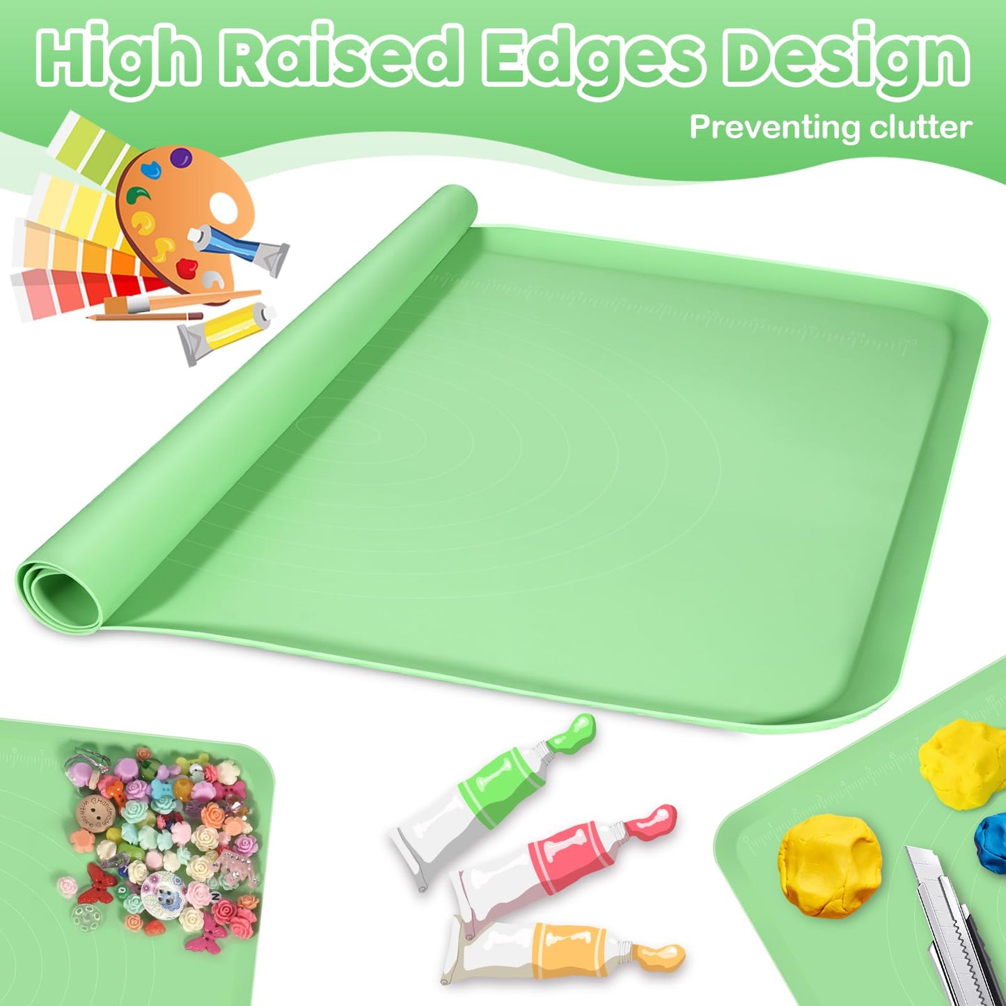 Large Silicone Mat for Crafts, 24"X19.7" Art Mat with Raised Edges for Clay, Resin, Slime, Jewelry-Making Table Protection Heat-Resistant Paint Mats, Green