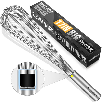 Walfos Whisk,17in Large Whisks, Heavy Duty Stainless Steel Wire Whisk Ideal For Beating Eggs, Blending Sauces, Mixing Batter.