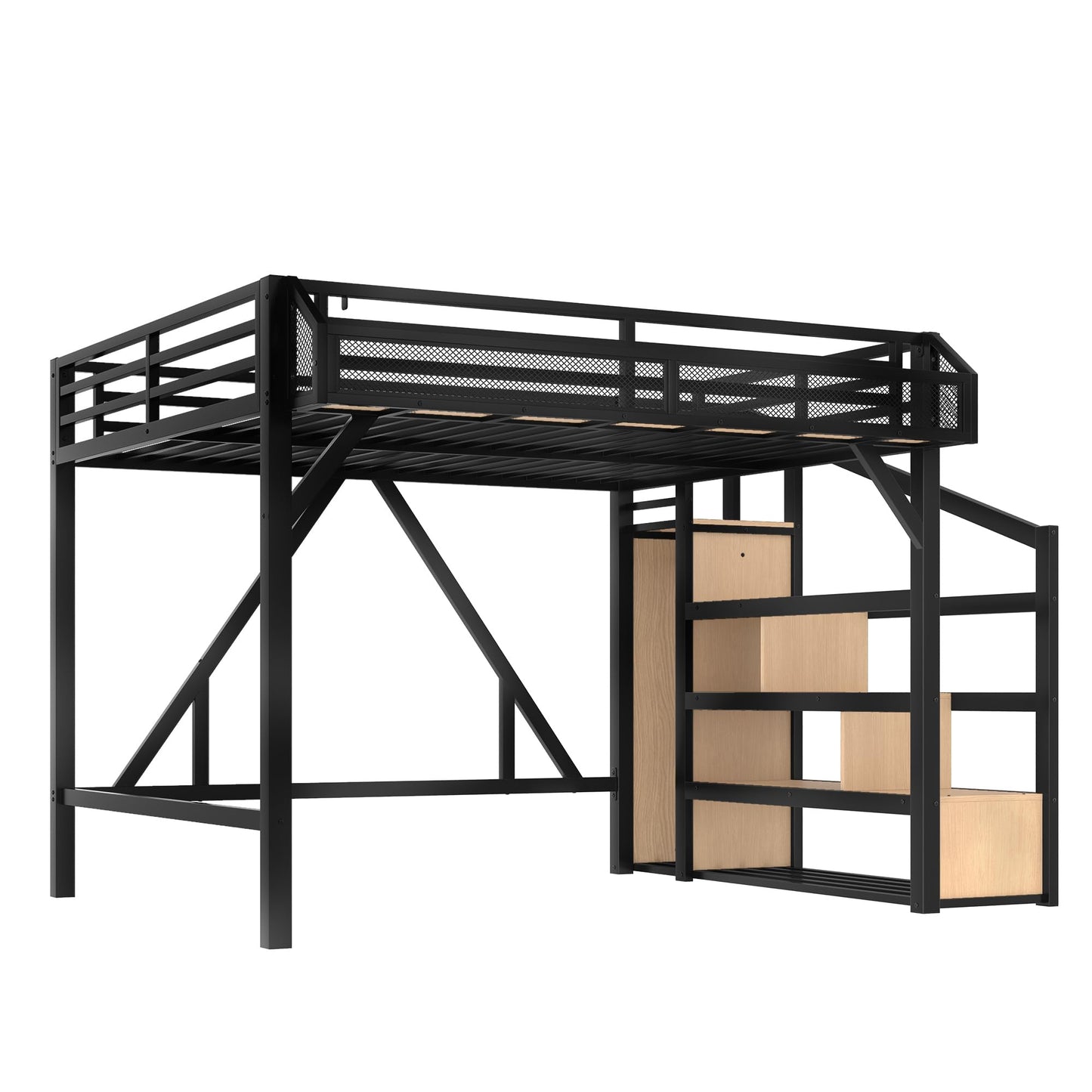 Queen Loft Bed with Stairs and Wardrobe, Queen Size Loft Bed with Charging Station, Lights and Bedside Shelf, Heavy Duty Loft Bed Frame for Adults, Teens, Kids, Noise Free, Natural Wood