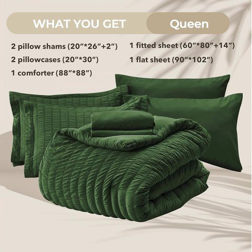 HYMOKEGE Queen Comforter Set - Dark Green Seersucker 7-Piece Luxury Bedding Set for All Seasons