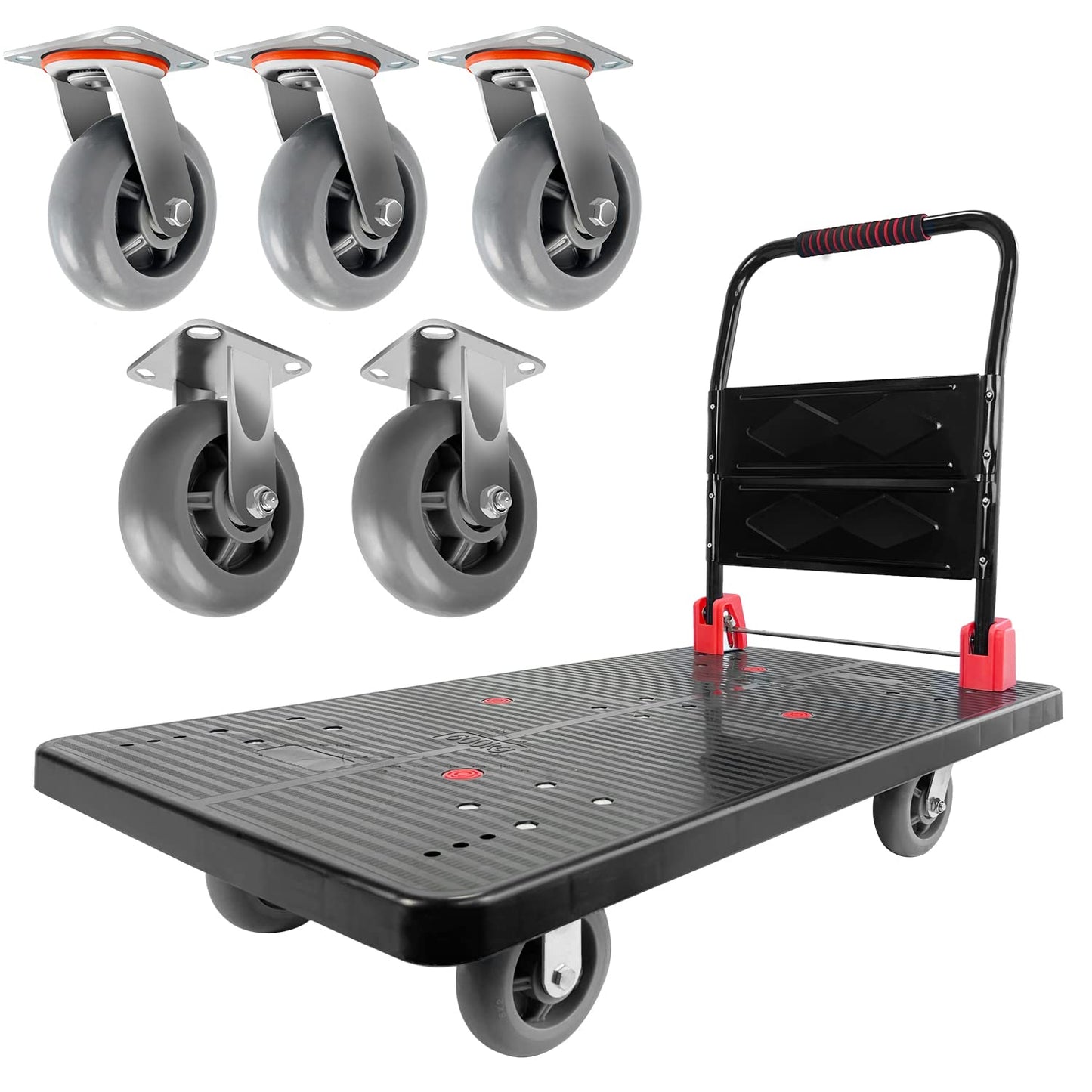 Platform Truck, Foldable Push Cart Dolly w/Five 360 Swivel 6'' Wheels, 1600LBS Capacity Heavy Duty Moving Platform Trucks Hand Cart for Groceries, Garage, Warehouse (43" L x25" W)