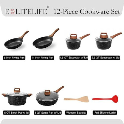 Eslite Life Nonstick Cookware Set - 12 Pcs Granite Coating Pots & Pans | PFOA Free, All Stovetops Compatible, Black