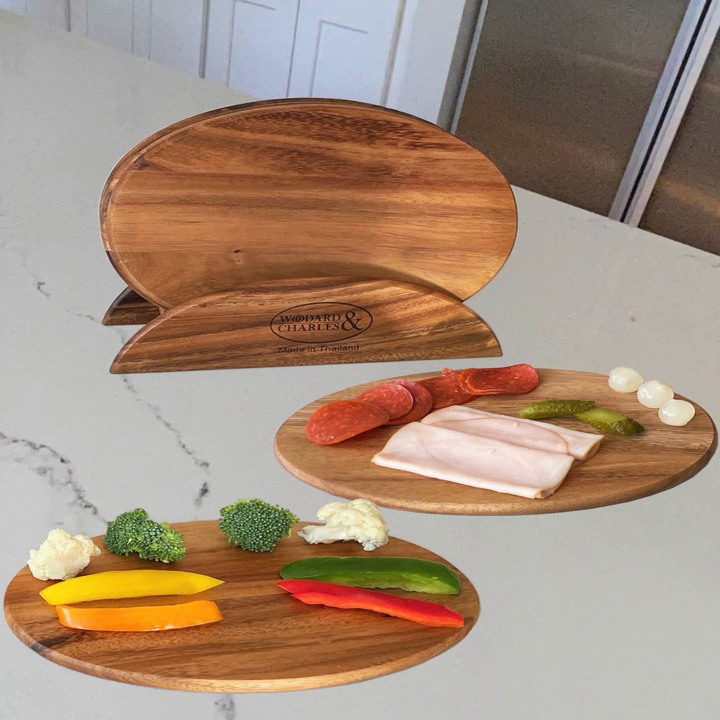 6 Acacia Wood Serving Boards with Stand, Perfect for Serving, Sushi, Cheese, Hors d'oeuvre, Charcuterie, Sandwiches by Woodard & Charles, 7 Piece Set, 9 1/2" x 6 1/2" ★★PACK OF 10★★