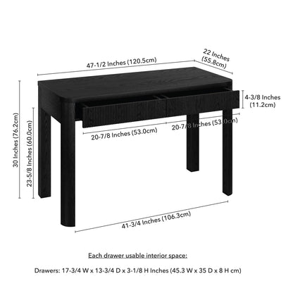 Henn&Hart 48" Fluted Modern Rectangular Wooden Home Office Desk Computer Desk Writing Table with 2 Ribbed Storage Drawers for Bedroom, Living Room, or Home Office, Natural Black
