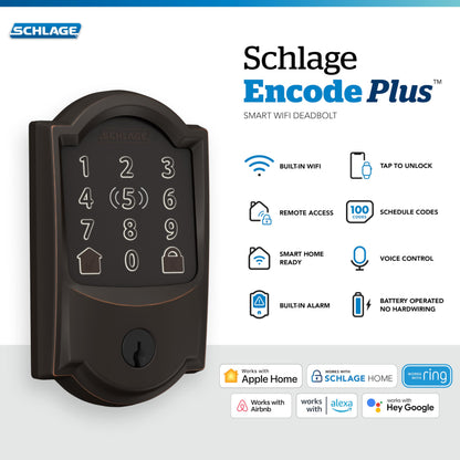 Schlage BE499WB CAM 619 Encode Plus WiFi Deadbolt Smart Lock, Keyless Entry Touchscreen Door Lock with Camelot Trim, Satin Nickel