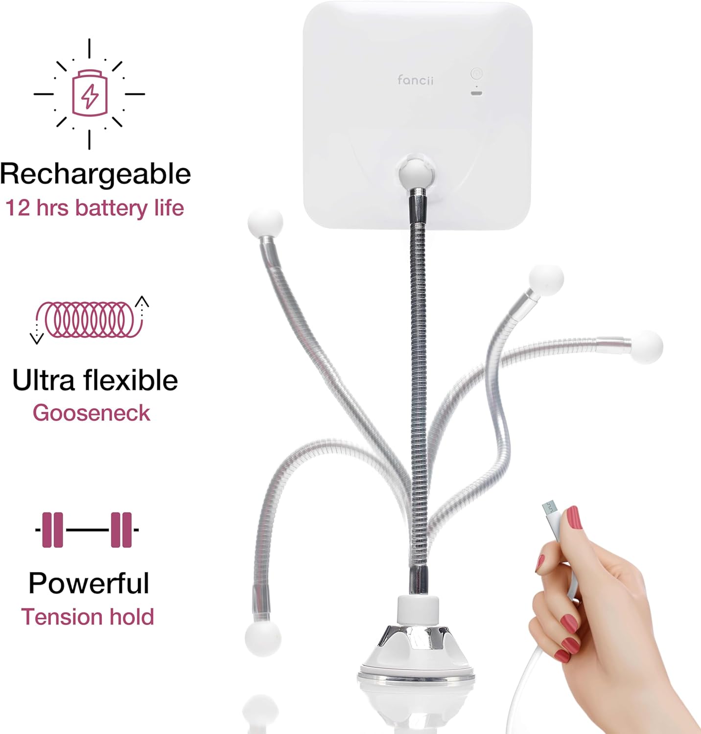 Fancii 10x Flexible Magnifying Mirror with 3 LED Light Settings, Rechargeable - Gooseneck Lighted Makeup Mirror for Bathroom, Locking Suction Mount, Cordless, 360° Rotatable (Mira 2 Plus)