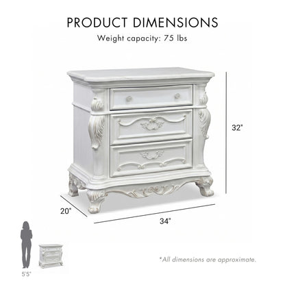 Furniture of America Agatha Traditional Solid Wood Nightstand with Drawers and Stone Top, Small Bedside Table, No Assembly Wooden Night Stand for Bedroom, Guest Room, Dorm, White