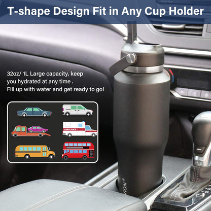 HYDROWION 40 oz Insulated Water Bottle with Straw fit in Car Cup Holder(Cold 48 hrs, Hot 24 hrs) Drinking Bottle with Straw Lid, Spout Lid and Flex Cap Leakproof Travel Thermo Mug，Black