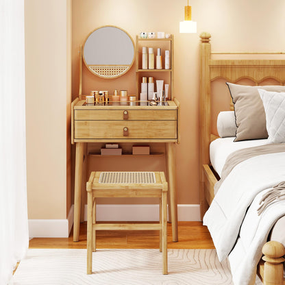 CHARMAID Small Bamboo Vanity Desk with Mirror and Stool, Glass Top Makeup Vanity Table with Storage Drawers, Shelves & Deep Tabletop Groove, Compact Dressing Table for Bedroom Small Spaces, 23.5" W