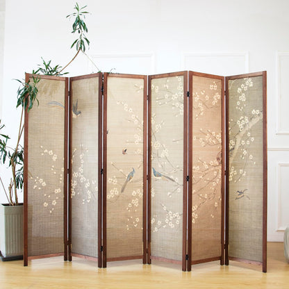 Furnnylane 6 Panel Bamboo Room Divider for Room Separation, 5.6 ft Tall Double-Sided Folding Privacy Screen with Premium Thickened Wood Frame, White Plum and Birds (67" H x 94.5" W)