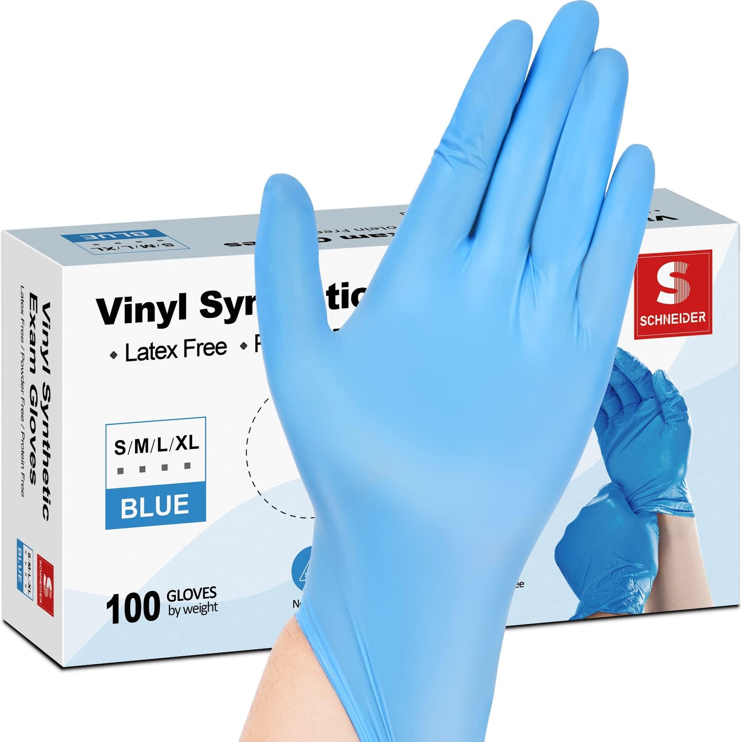 Schneider Blue Vinyl Synthetic Exam Gloves, Medium, Box of 100, 4 Mil, Powder-Free, Latex-Free, Non-Sterile, Disposable Gloves