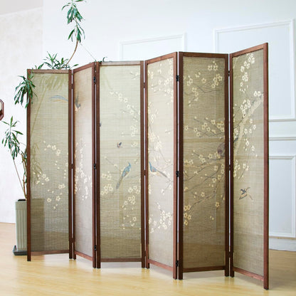 Furnnylane 6 Panel Bamboo Room Divider for Room Separation, 5.6 ft Tall Double-Sided Folding Privacy Screen with Premium Thickened Wood Frame, White Plum and Birds (67" H x 94.5" W)