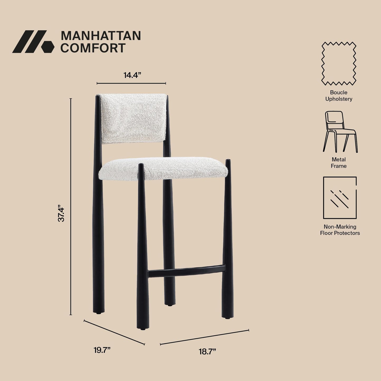 Manhattan Comfort Lennor Counter Height Stools for Kitchen and Dining Room, Upholstered in Boucle Fabric, Island Chairs with Metal Frame, Padded Backrest, Fully Assembled Furniture, Cream