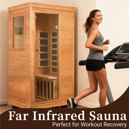 1 Person Infrared Dry Sauna for Home, Low EMF Indoor Sauna, Premium Wood Build with 960W Carbon Panels - Home Sauna for Daily Relaxation & Wellness, 35 * 27 * 61 Inch,Ventilation & Storage Tray