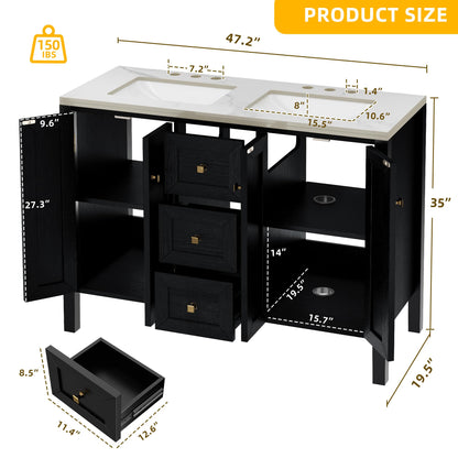 DWVO 47 Inch Bathroom Vanity with Double Sink, Retro Bathroom Storage Cabinet with Sintered Stone Countertop, Six Holes, 4 Doors & 3 Drawers