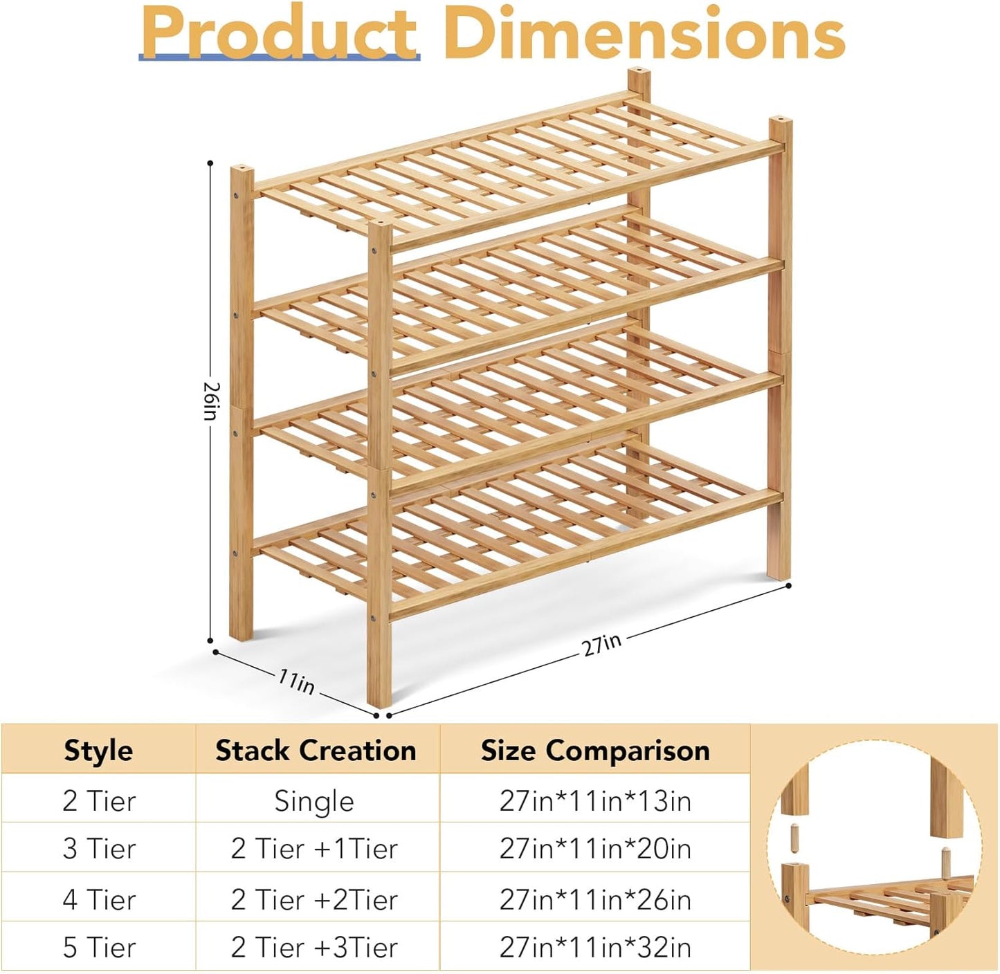 4 Closet,Hallway,Entryway,Small 27"x11"x26" Haddockway Tier Bamboo Shoe Rack Storage Organizer, Multifunctional Free