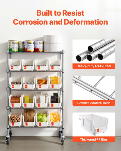 VEVOR 5-Tier Rolling Bin Storage Rack, 16 Organizer Bins, Bin Rack Storage Steel Wire Shelving System with Wheels, Mobile Tool Organizer for Garage, Warehouse, Office, Restaurant, Classroom, Kitchen