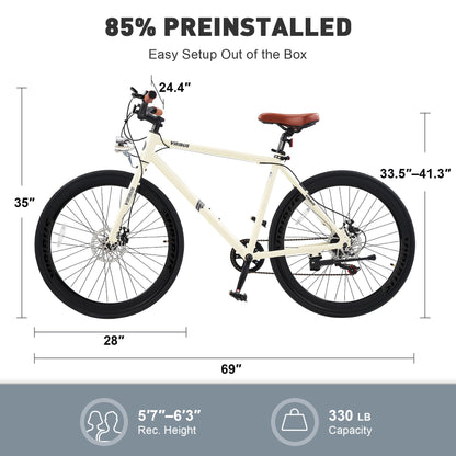VIRIBUS Hybrid Bikes, 28 inch Mens Bike with Lightweight Aluminum Frame & Disc Brakes, 700C Bikes for Tall Men, 7 Speed Vintage Retro Hybrid Bicycles for City Commuters, Mens Road Bike Cream