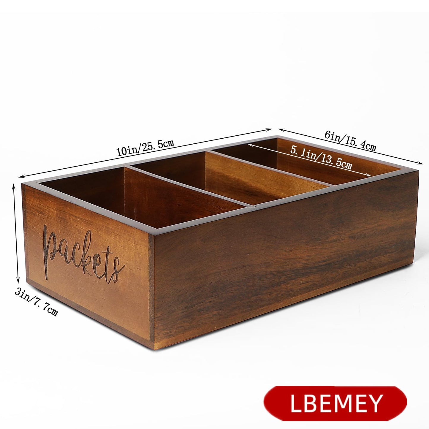 LBEMEY Packet Organizer, Acacia Wood Packet Storage Organizer with 3 Compartments,Farmhouse Kitchen Organization for Spice, Gravy, Taco, and Dressings Packets for Kitchen, Brown Labeled Packets