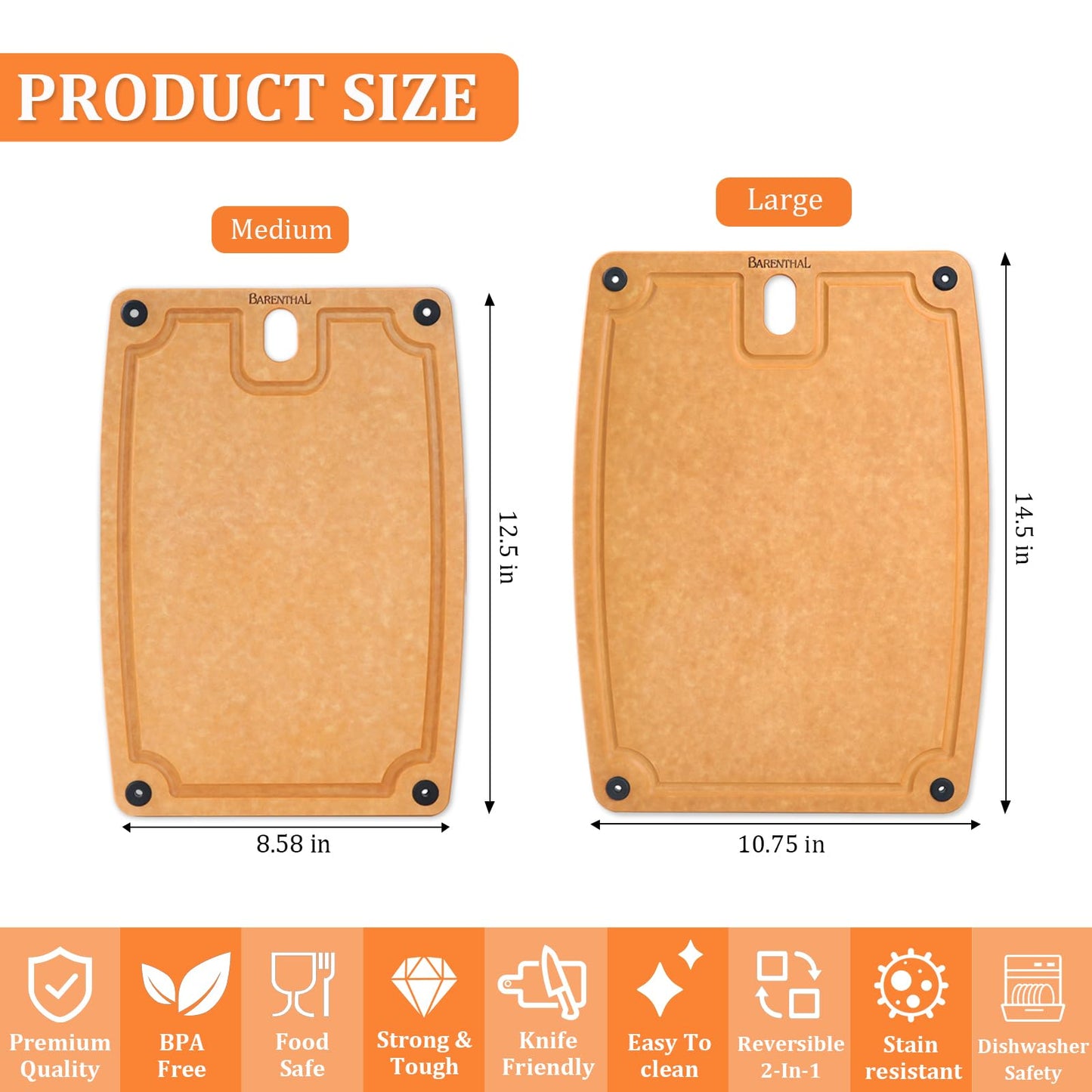 Barenthal Cutting Boards for Kitchen Dishwasher - 2PC Cutting Board Set Double-Sided with Non-Slip Feet and Juice Groove Composite Chopping Board for Kitchen Knife Friendly Cut Meat, Fruit,Vegetable