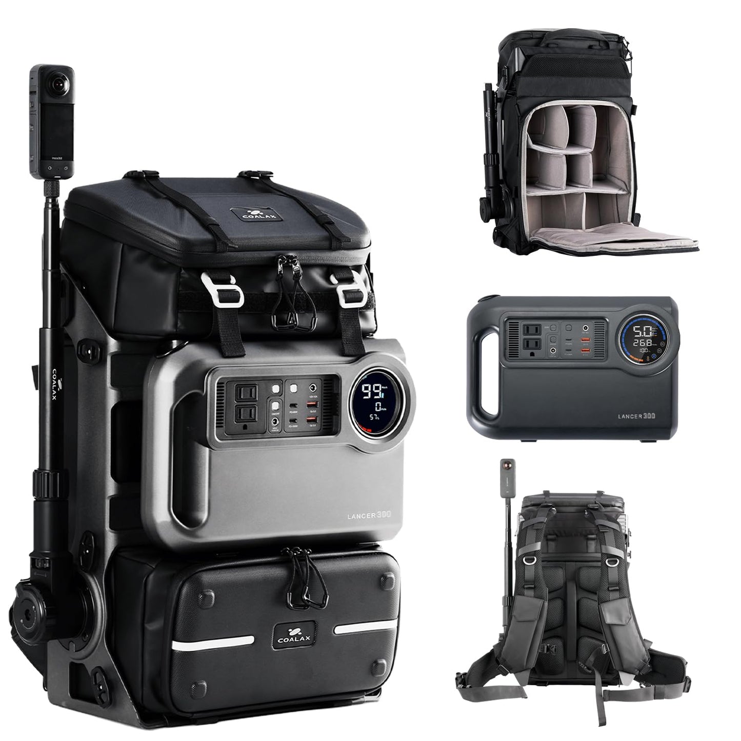 COALAX Lancer300 Pro Camera Backpack with 300W Power Station, Modular Creator Backpack with Magic Arm for Hands-Free POV Filming, Exoskeleton Camera Bag for Photography & Outdoor Production (Black)