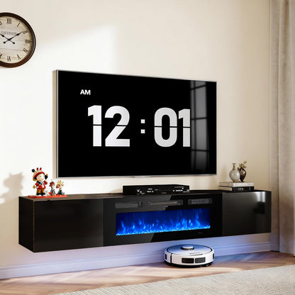 OneBlis 70'' Floating TV Stand with 36" Electric Fireplace, Wall Mounted Entertainment Center with Storage for TVs up to 80", Adjustable 12-Color LED Media TV Console for Living Room,All Black