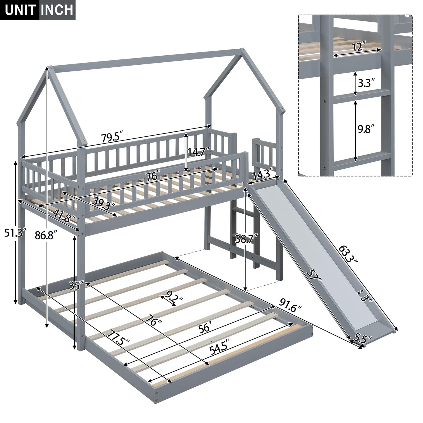Bellemave Twin Over Full Bunk Bed with Slide and Built-in Ladder, House Shaped Solid Wood Bunk Beds with Full-Length Guardrail for Kids,Teens, Adults, No Box Spring Required, Gray