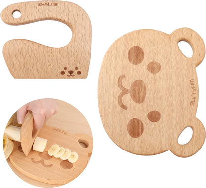 Cute Bear Wooden Cutting Board and Safe Wooden Kids Knife Set, Natural Thick Montessori Knife for Kids, 2Pcs