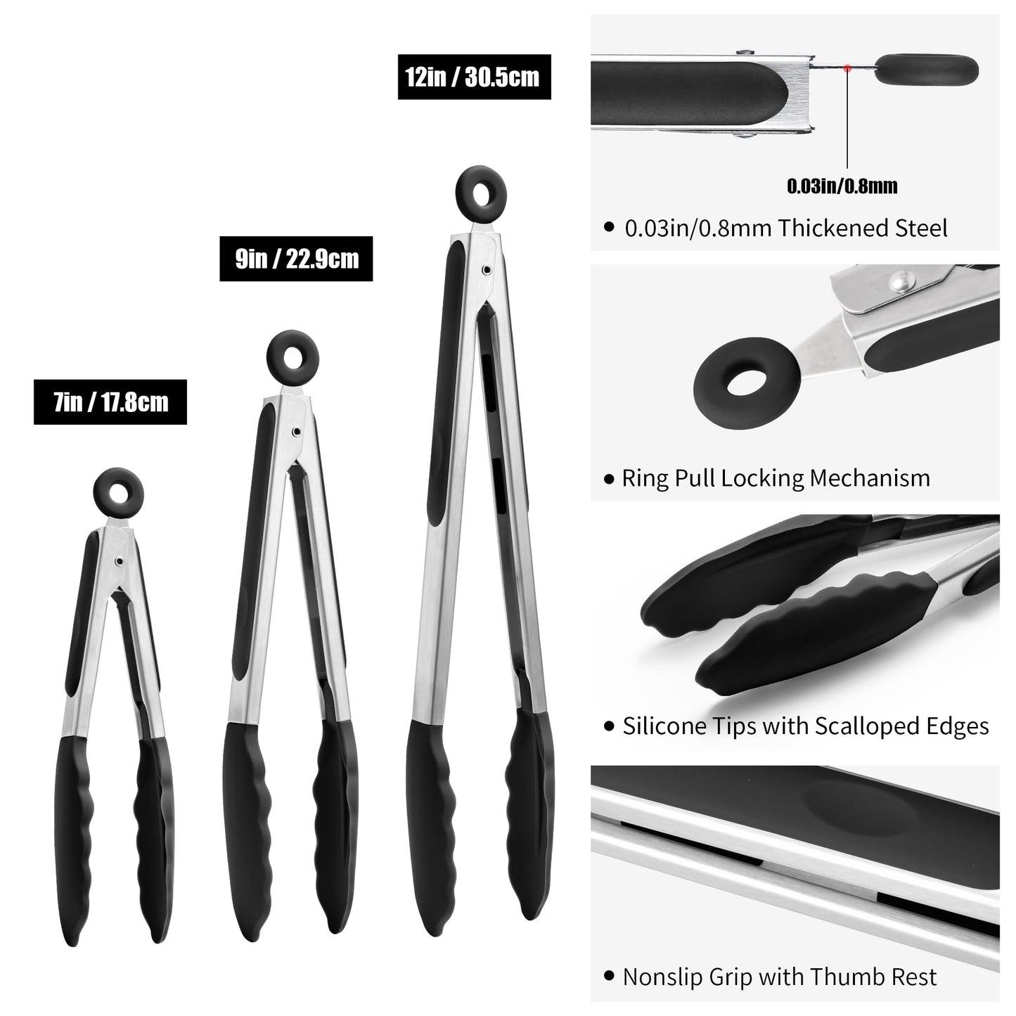 Doosu Kitchen Tongs for Cooking - 600°F Heat Resistant Food Tong Set with Non-Scratch Silicone Tips, Heavy Duty Stainless Steel Locking Tong for BBQ, Grilling Steak, Serving Salad (7+9+12in, Black)