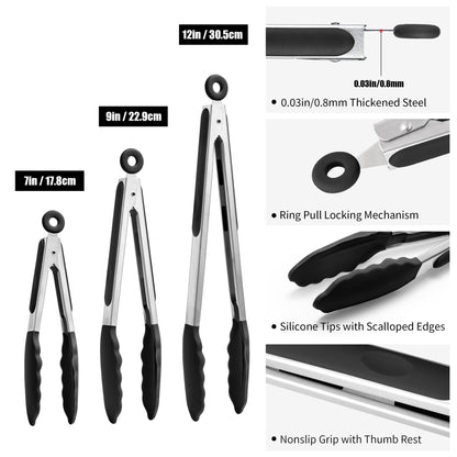 Doosu Kitchen Tongs for Cooking - 600°F Heat Resistant Food Tong Set with Non-Scratch Silicone Tips, Heavy Duty Stainless Steel Locking Tong for BBQ, Grilling Steak, Serving Salad (7+9+12in, Black)