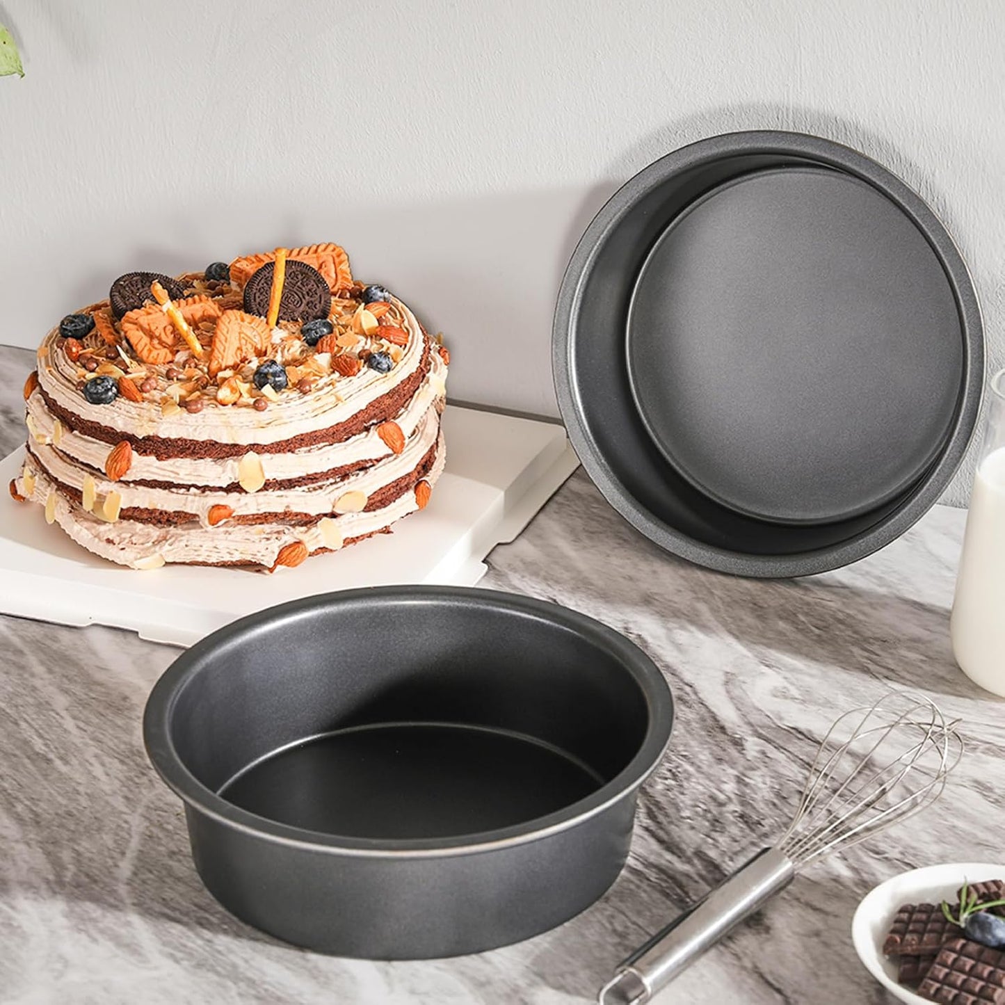 HONGBAKE 8 Inch Round Cake Pan Set with 60 Pieces Parchment Paper, Nonstick Circle Cake Pans Set of 2