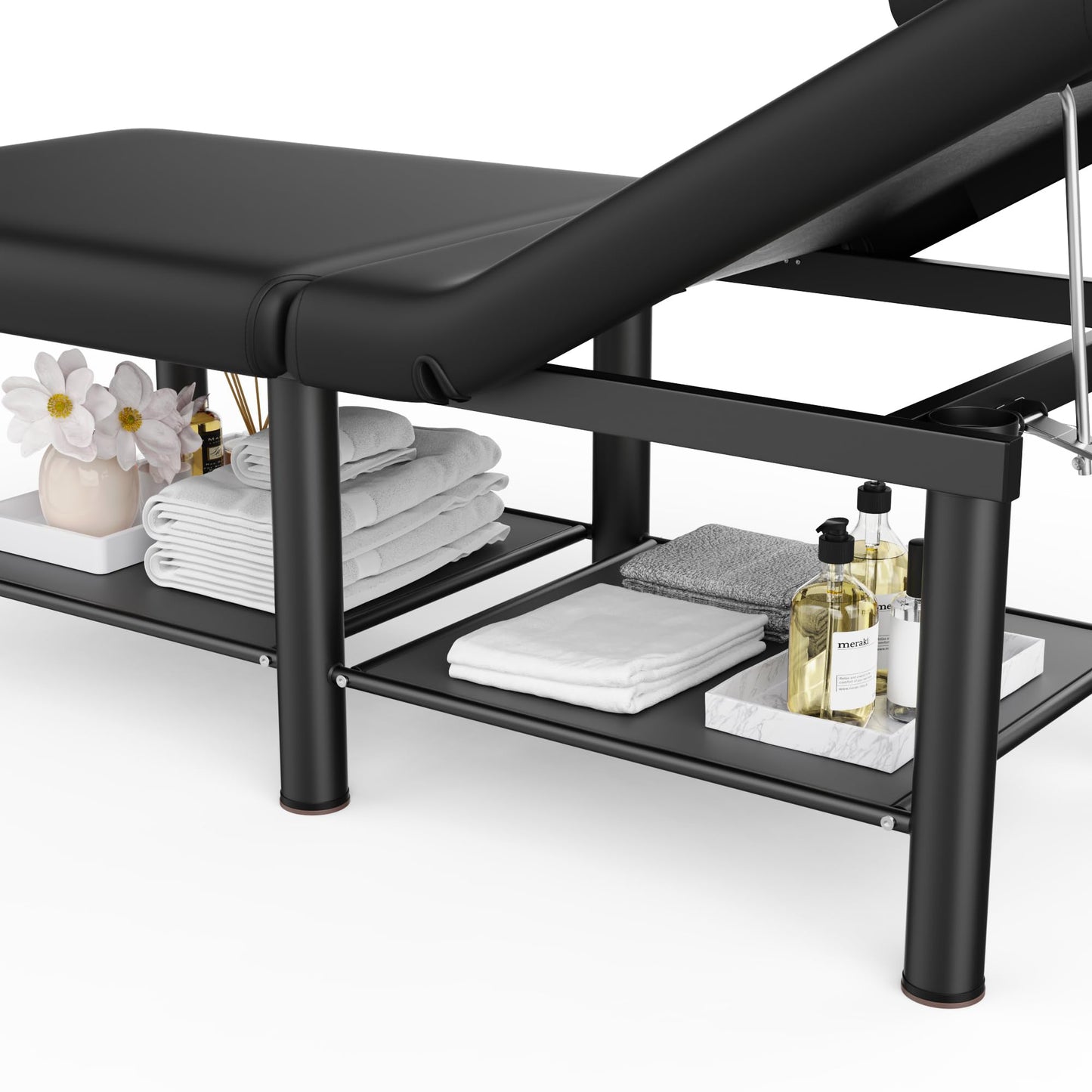Folding Stationary Massage Table with Backrest and Storage Space for Treatment Table Physical Therapy Table Spa Facial Bed, 6 Round legs Metal Frame PU Leather, 30.5'' Wide × 75'' Long - Black