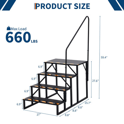 RV Steps with Handrails, 4 Step RV Stairs 660 Lbs Load Capacity,Portable Stairs Steps Steel Travel Trailers Ladder Step Ladder with Anti-Slip Panel, Mobile Home Stairs for Travel Trailers