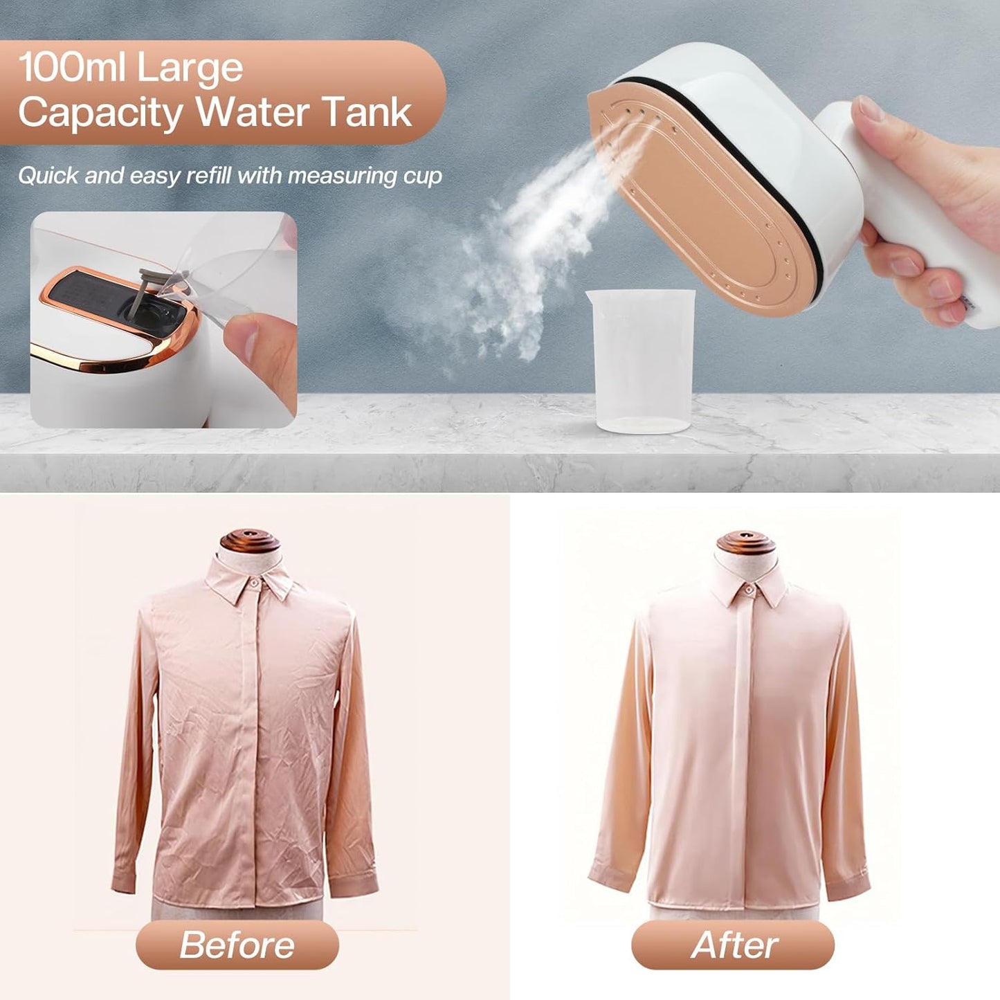 Mini Steam Iron, 970W Portable Steamer for Clothes, 180° Rotatable Handheld Steamer for Home Travel (White)