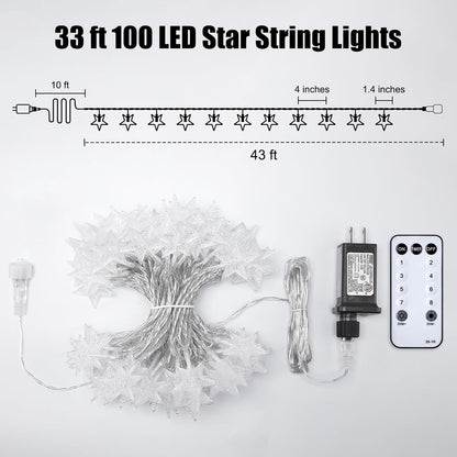 Star String Lights - 33 Ft 100 LED Waterproof Fairy Lights with Remote & Timer | 8 Modes for Bedroom & Patio