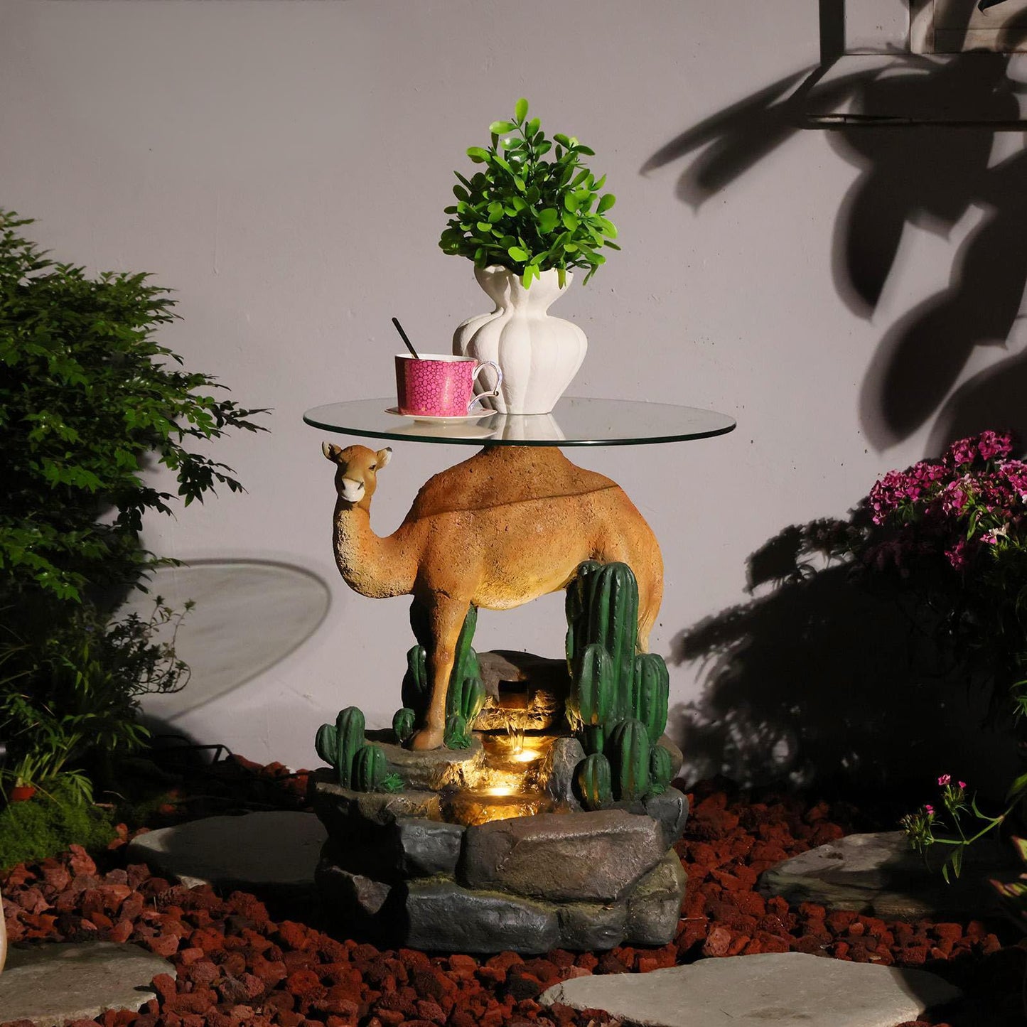 Camel & Cacti 4-Tier Waterfall Outdoor Indoor Side Table 22.8" H Glass Top Fountain with LED Lights Resin Desert Decor End Table for Garden Patio Living Room Balcony